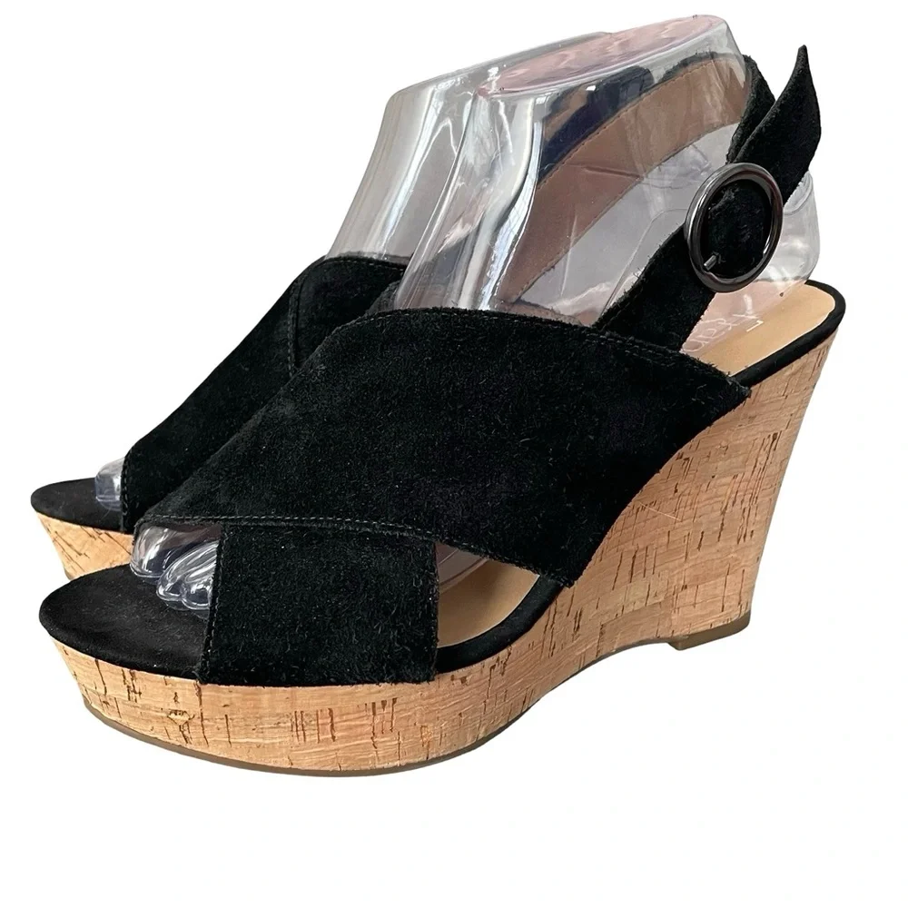 Franco Sarto Platform Wedge Heels Black Suede Upper Straps Cork Wedge Size 8